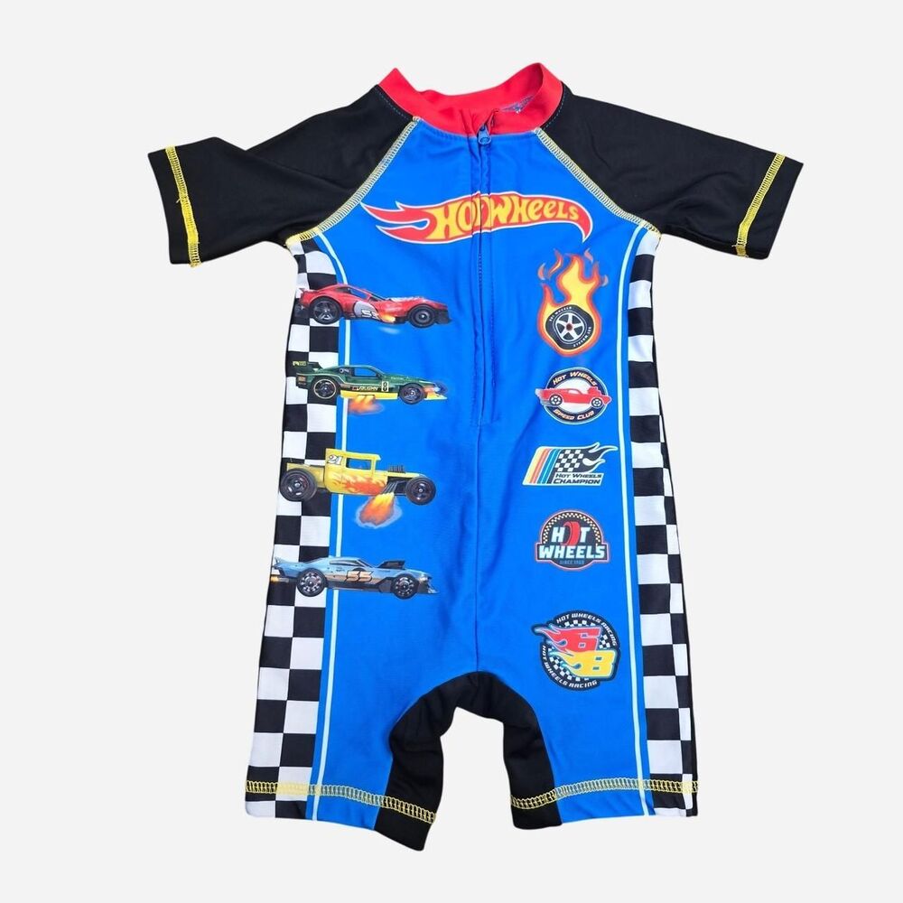 Hot Wheels Rash Guard Swimsuit Toddler Boys 18M One Piece Swim Trunk Blue Racing